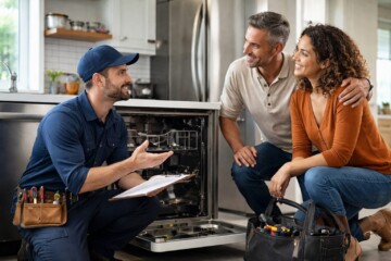 Appliance technician explaining repair options to a middle-aged couple in a modern kitchen with new appliances