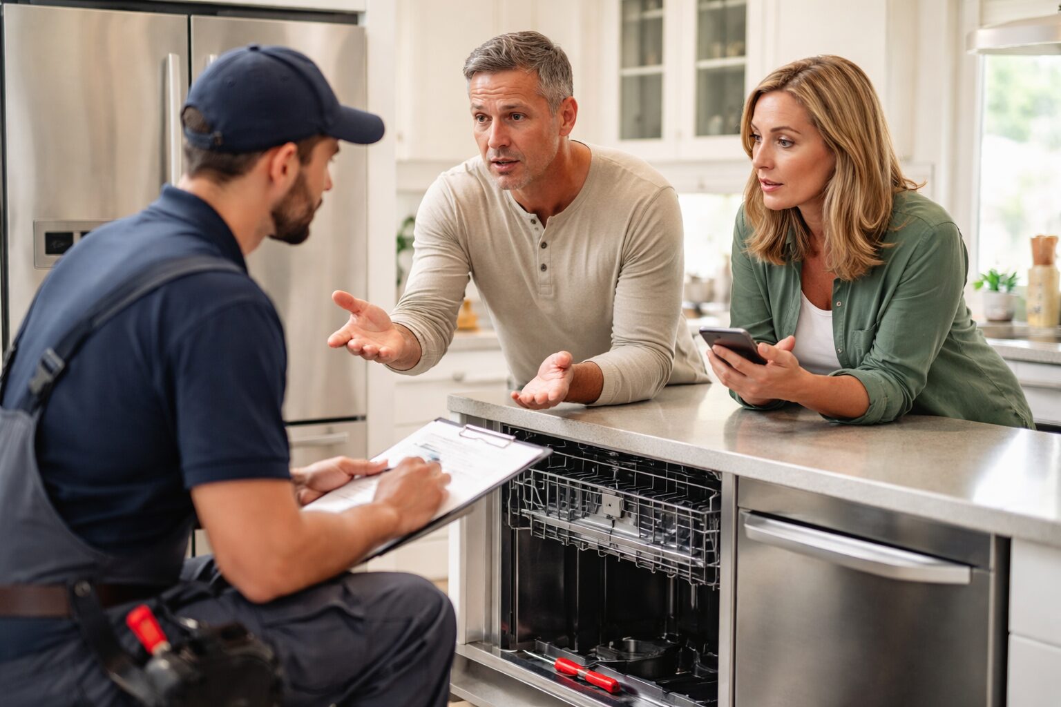 Appliance sales associate assisting a middle-aged couple in a modern showroom with a washing machine display