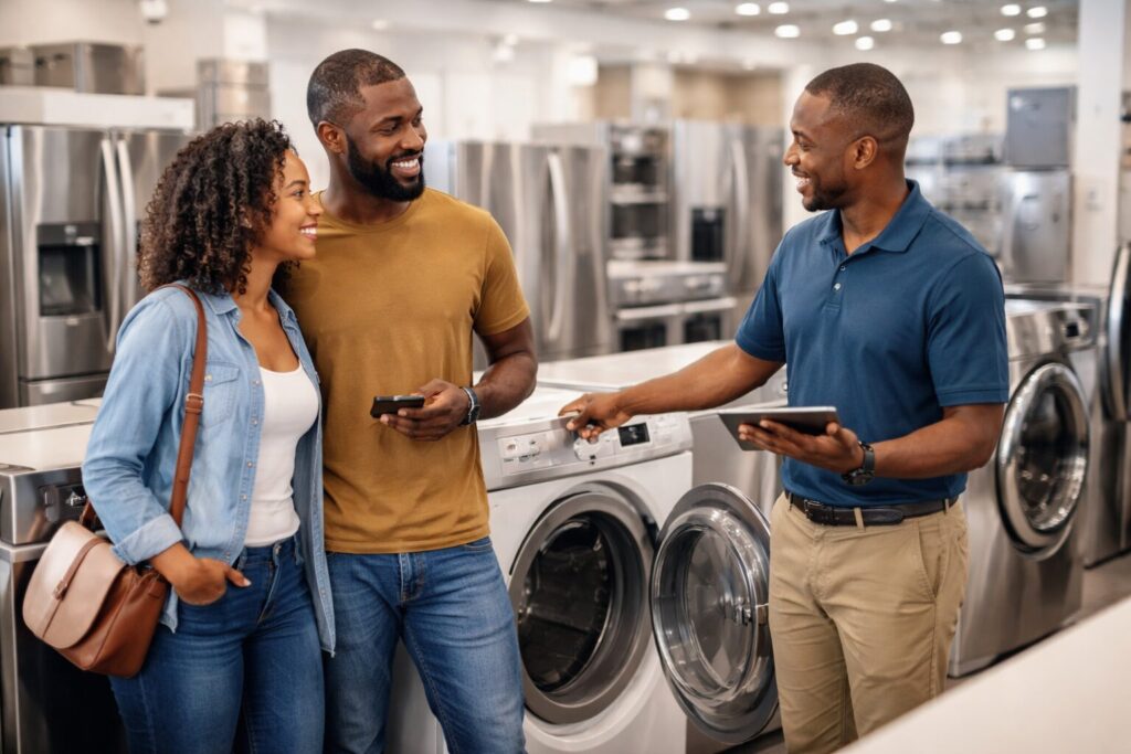 Black couple shopping for a modern refrigerator in an appliance showroom with a sales associate assisting them