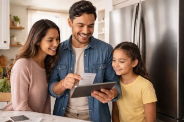 Hispanic family examining a new refrigerator in a bright modern kitchen during appliance delivery and installation