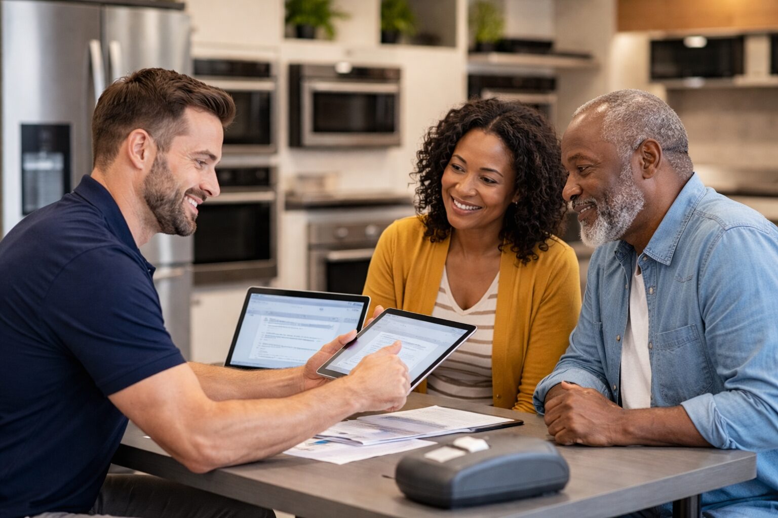 Appliance store sales associate assisting a middle-aged couple with warranty paperwork in a modern appliance showroom