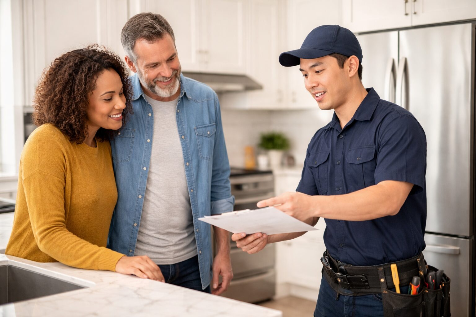 multicultural family shopping for modern kitchen appliances in a bright showroom with a sales associate assisting them