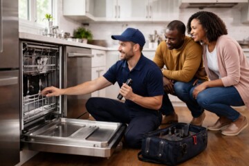 Appliance sales associate assisting a middle-aged couple examining a modern refrigerator in a bright showroom