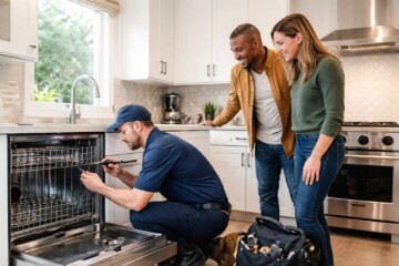 Homeowner discussing appliance repair options with a technician in a modern kitchen setting