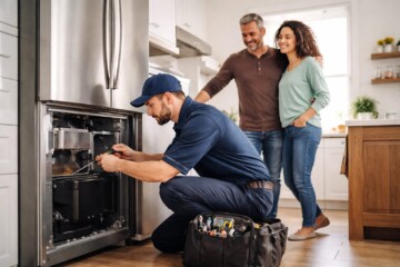 appliance retailer technician repairing a washing machine in a modern laundry room while homeowner observes