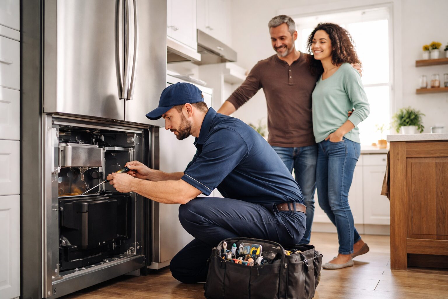 appliance retailer technician repairing a washing machine in a modern laundry room while homeowner observes
