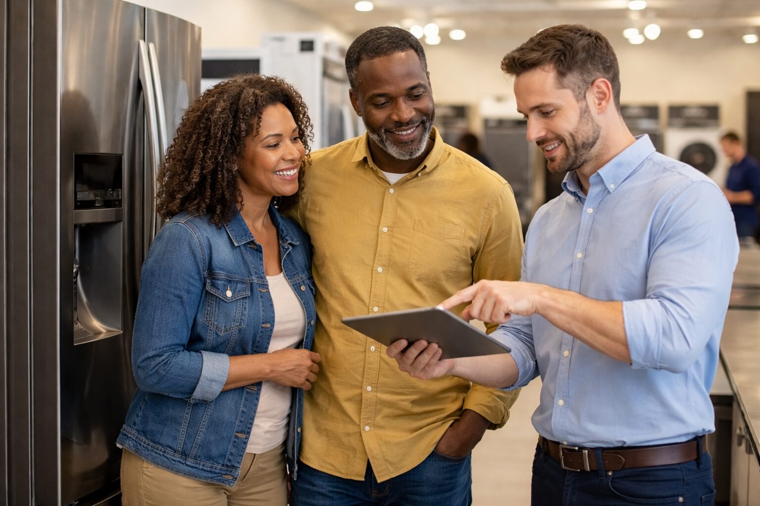 Appliance sales associate assisting a middle-aged couple choosing a refrigerator in a bright modern showroom