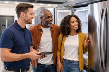 Appliance sales associate assisting a middle-aged couple in a modern showroom with a refrigerator purchase discussion