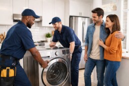 Homeowner discussing appliance warranty options with sales associate in a modern appliance showroom