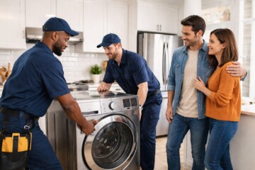 Homeowner discussing appliance warranty options with sales associate in a modern appliance showroom