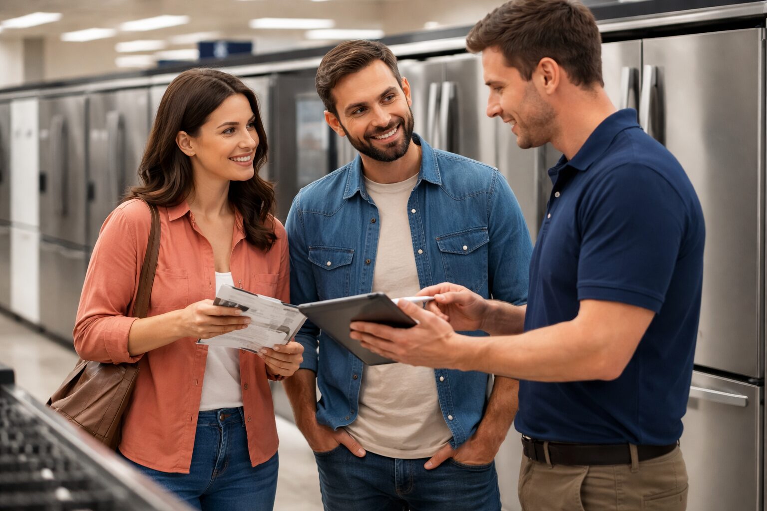 Appliance sales associate explaining warranty options to a middle-aged couple in a modern appliance showroom
