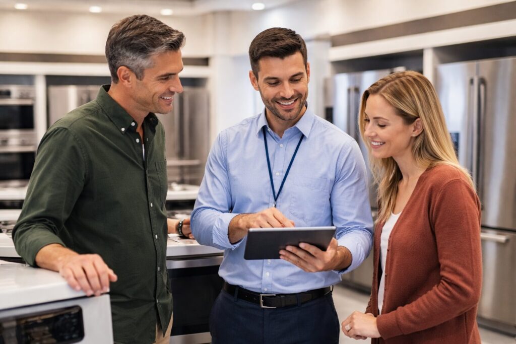 Appliance sales associate assisting a middle-aged couple in a modern showroom with kitchen appliances on display