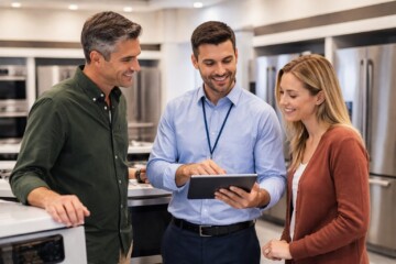 Appliance sales associate assisting a middle-aged couple in a modern showroom with kitchen appliances on display