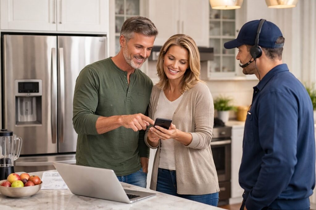 Homeowner discussing appliance warranty options with a friendly sales associate in a modern appliance showroom