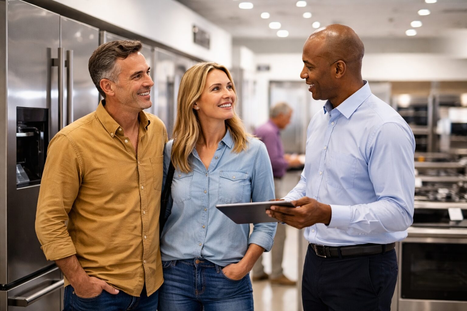 Appliance sales associate assisting a diverse couple in a modern showroom with kitchen appliance options