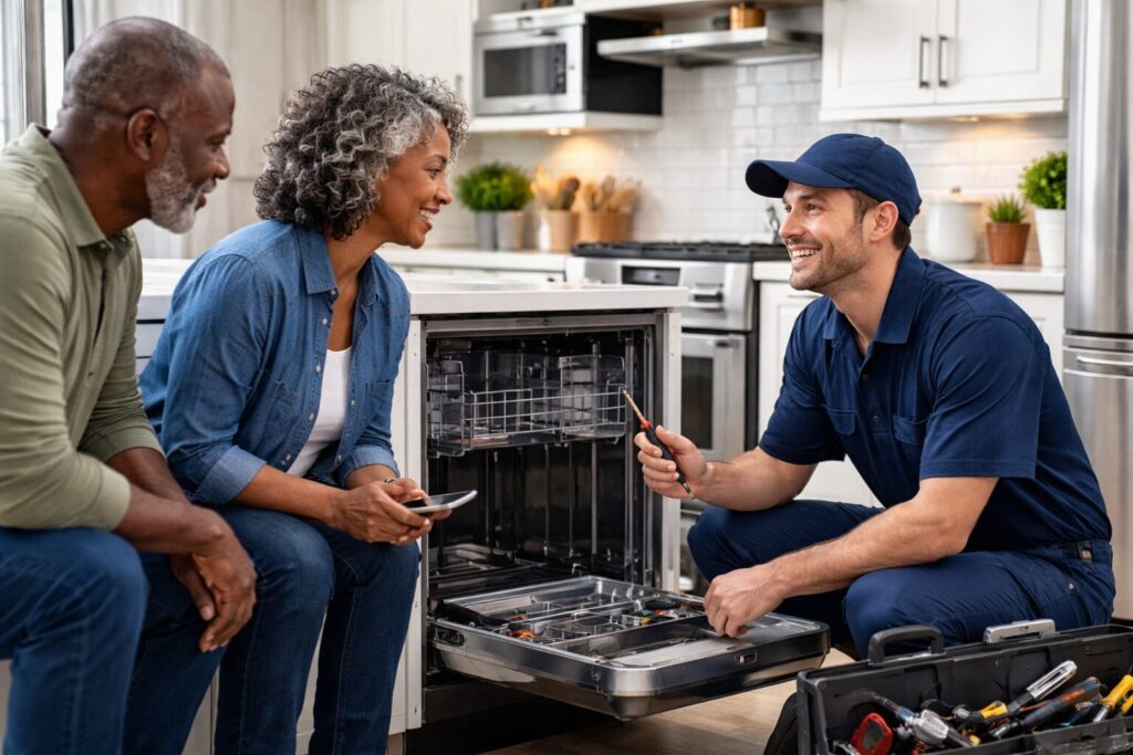 appliance technician repairing a modern kitchen appliance while homeowner observes in a bright contemporary kitchen