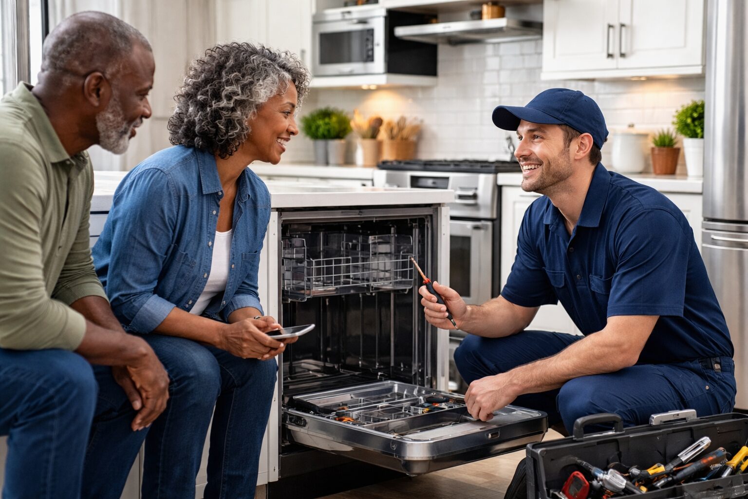 appliance technician repairing a modern kitchen appliance while homeowner observes in a bright contemporary kitchen