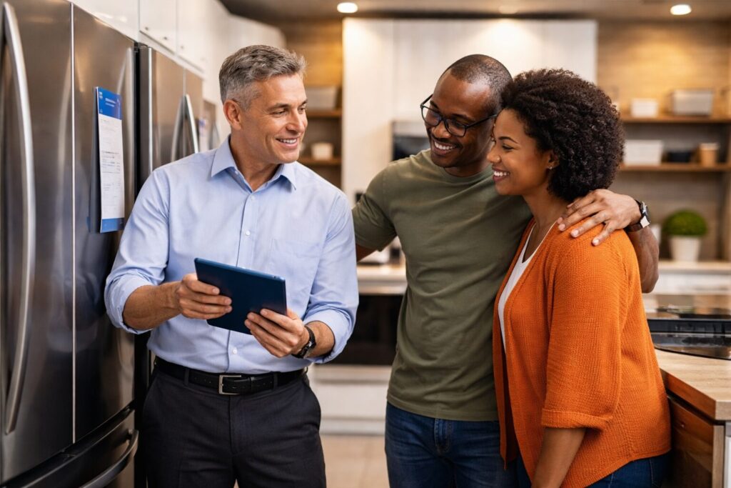 Appliance sales associate discussing warranty options with a middle-aged couple in a modern showroom kitchen
