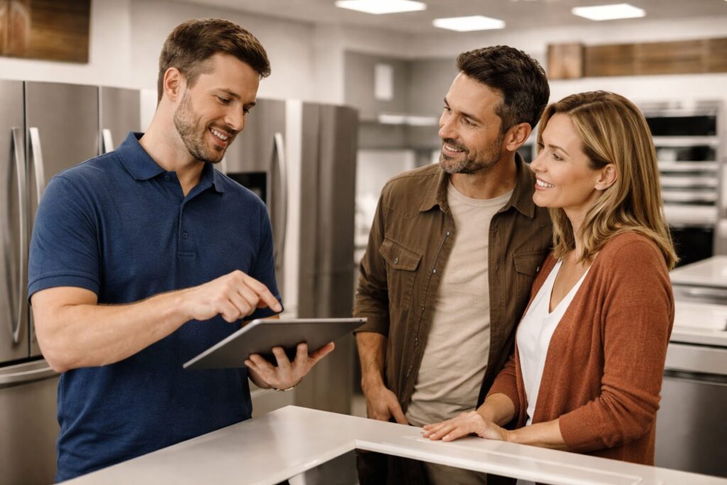 Appliance sales associate explaining warranty options to a middle-aged couple shopping in a modern kitchen showroom