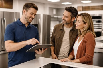 Appliance sales associate explaining warranty options to a middle-aged couple shopping in a modern kitchen showroom