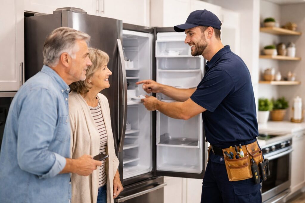 Homeowner discussing appliance repair with a technician in a modern kitchen during a service visit