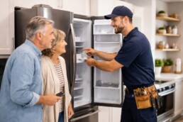 Homeowner discussing appliance repair with a technician in a modern kitchen during a service visit