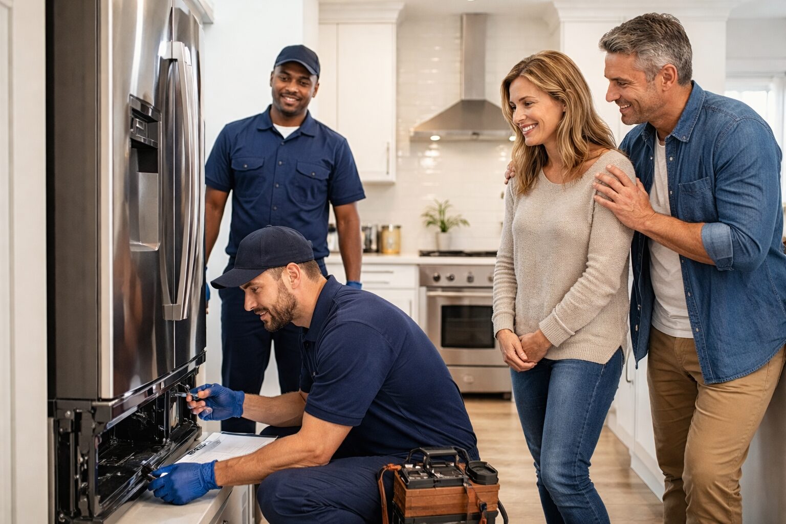 Appliance technician repairing a modern kitchen appliance while a homeowner observes and discusses the service details