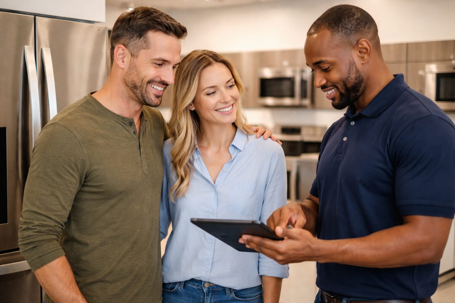 couple in modern kitchen examining a new appliance with a sales associate explaining warranty options on a tablet