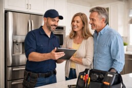 couple in modern kitchen examining a new stainless steel refrigerator with a sales associate nearby