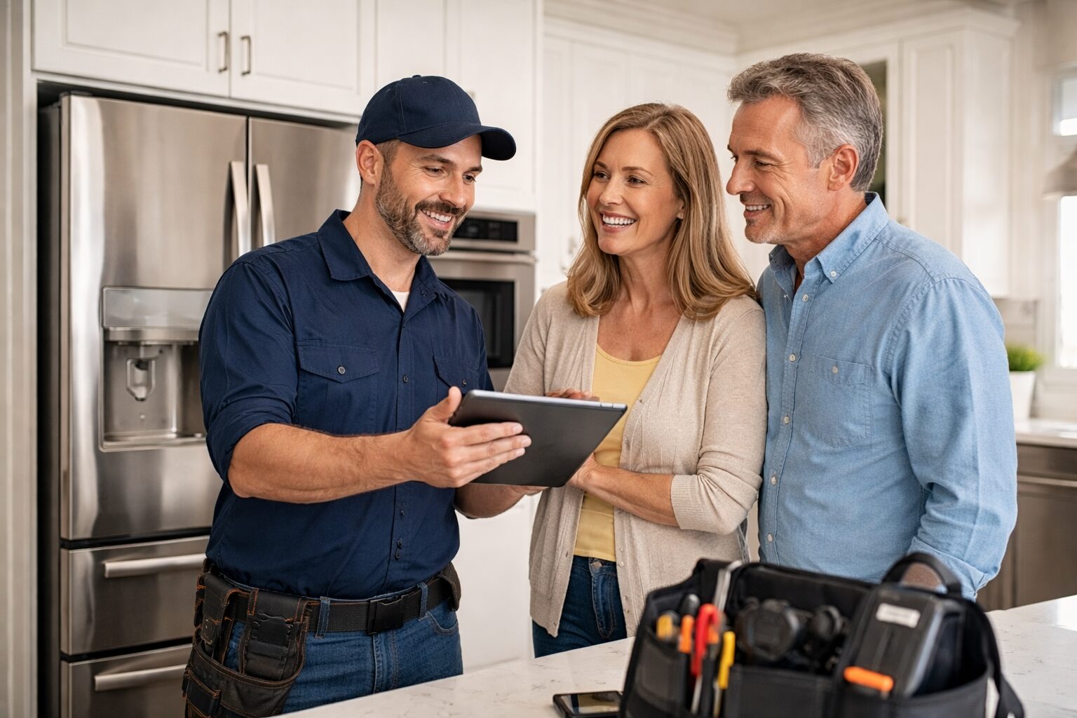 couple in modern kitchen examining a new stainless steel refrigerator with a sales associate nearby