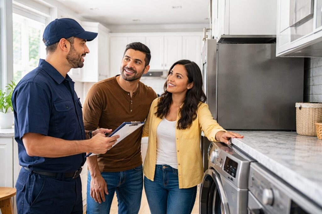 Hispanic couple discussing appliance repair with a technician in a modern kitchen showing a washing machine