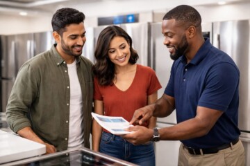 Appliance store sales associates of diverse backgrounds assisting customers with warranty options in a modern showroom