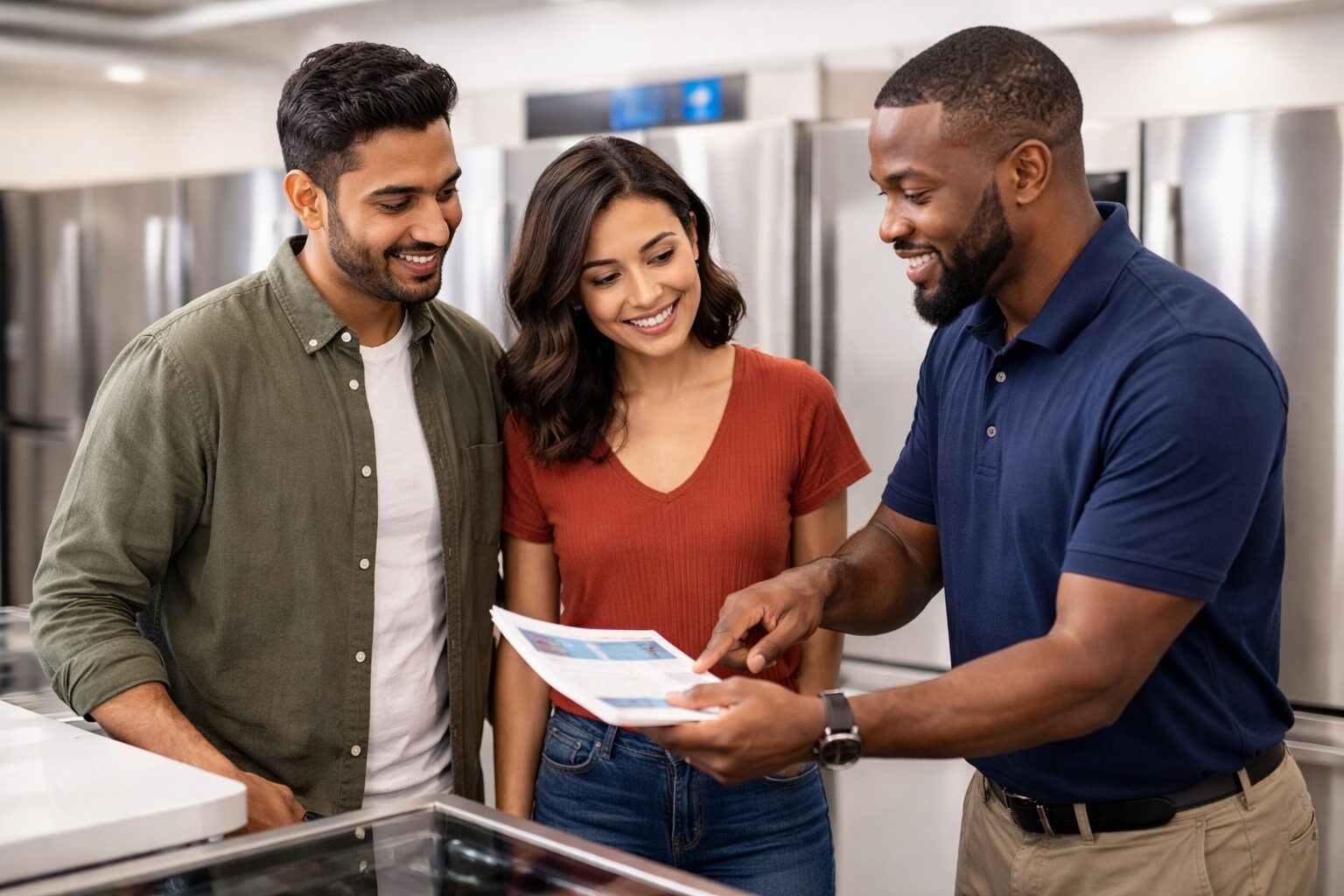 Appliance store sales associates of diverse backgrounds assisting customers with warranty options in a modern showroom