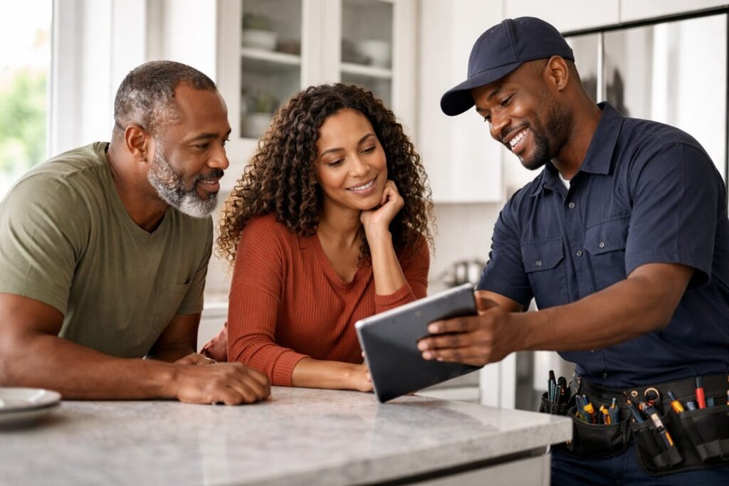 Black couple discussing appliance repair with technician in modern kitchen surrounded by new appliances