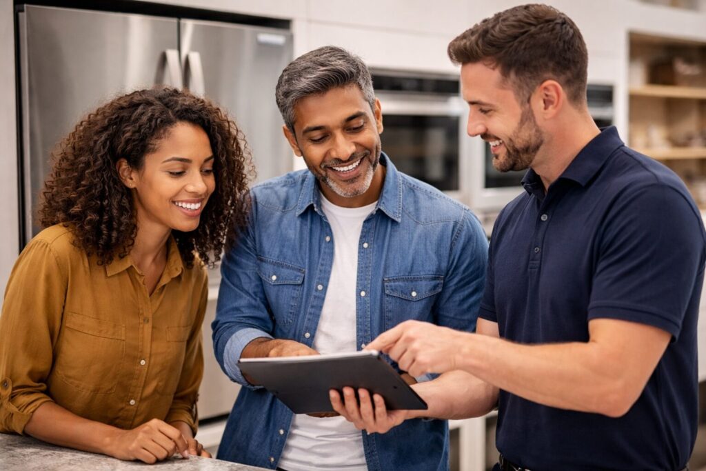 Diverse group of customers and sales associates interacting naturally in a modern appliance showroom with various appliances