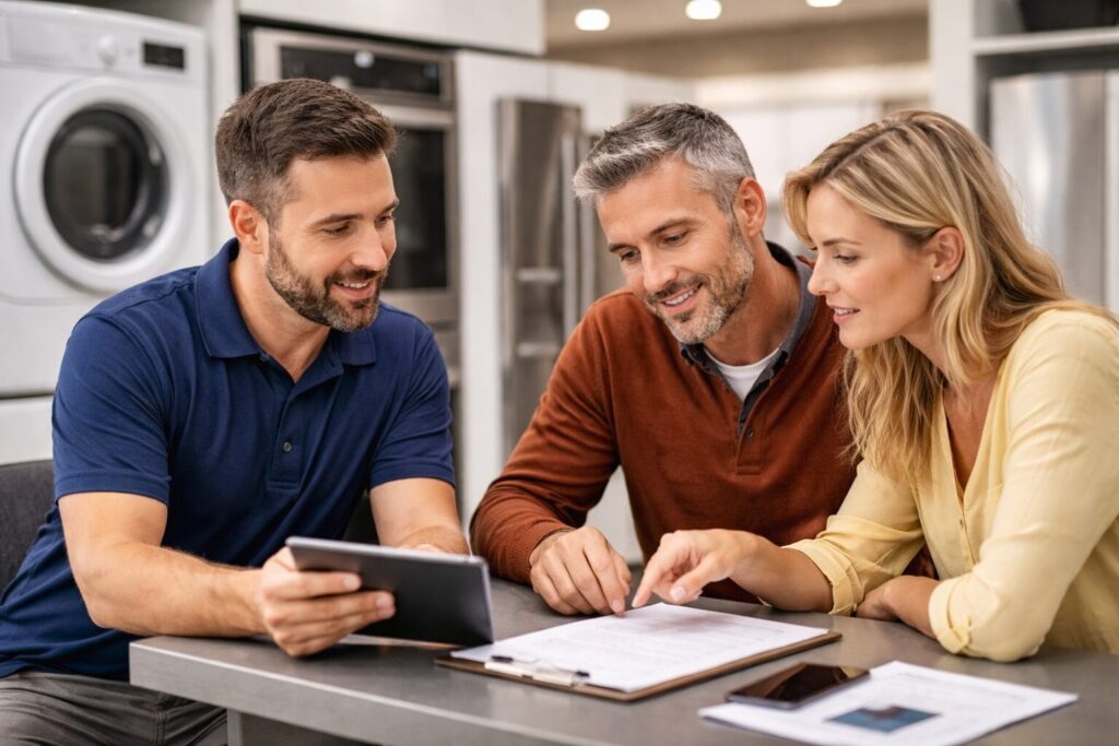 European appliance retailer discussing warranty paperwork with a customer in a modern kitchen showroom