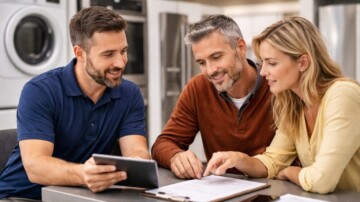 European appliance retailer discussing warranty paperwork with a customer in a modern kitchen showroom