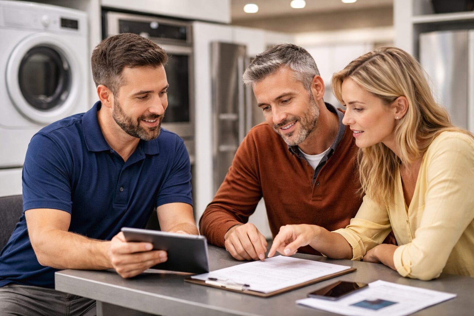 European appliance retailer discussing warranty paperwork with a customer in a modern kitchen showroom
