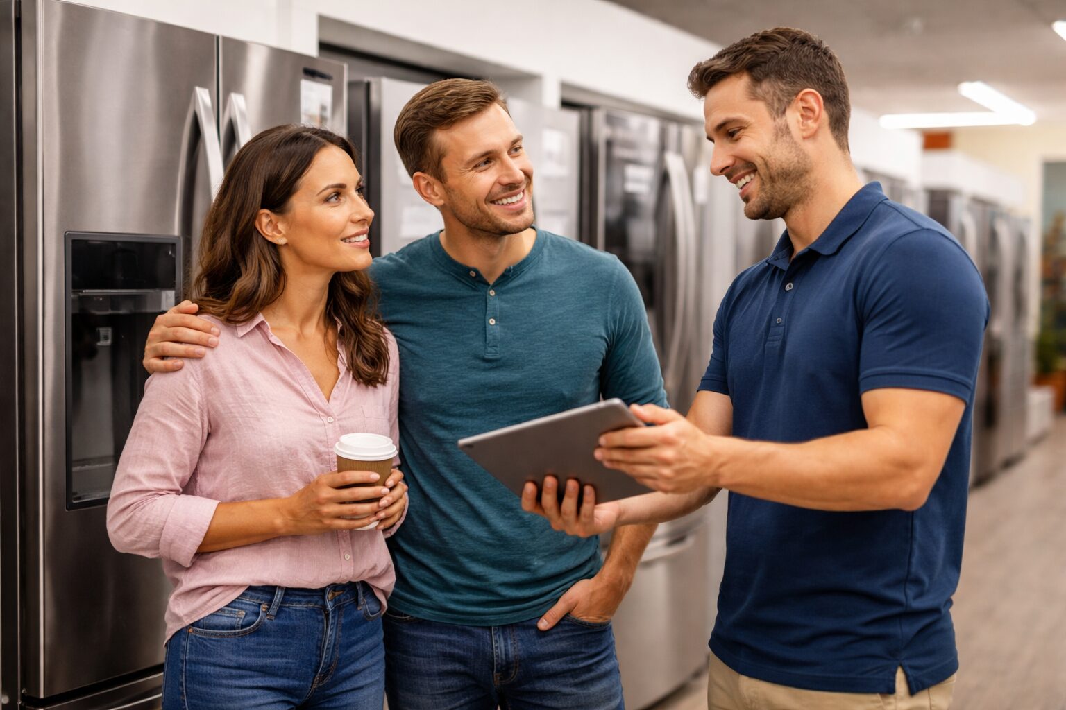 Appliance retailer assisting a middle-aged couple with warranty options in a modern kitchen showroom