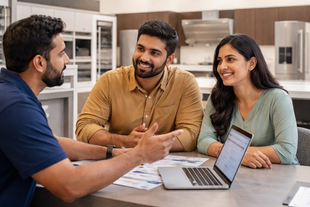 Indian couple discussing appliance warranty options with a sales associate in a modern appliance showroom