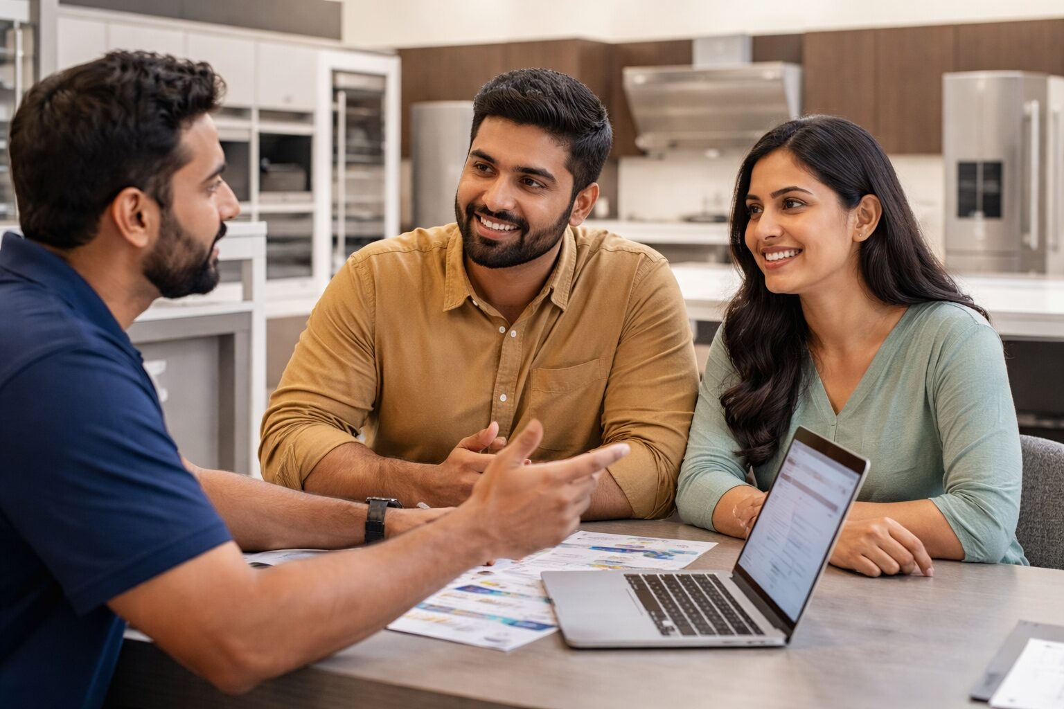 Indian couple discussing appliance warranty options with a sales associate in a modern appliance showroom