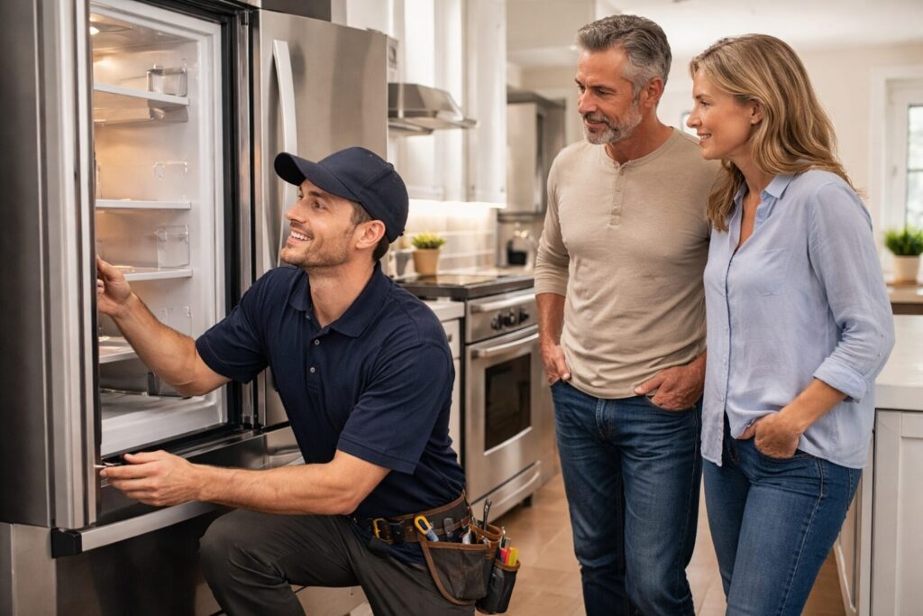 couple discussing appliance warranty options with sales associate in modern appliance showroom