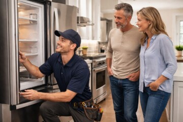 couple discussing appliance warranty options with sales associate in modern appliance showroom