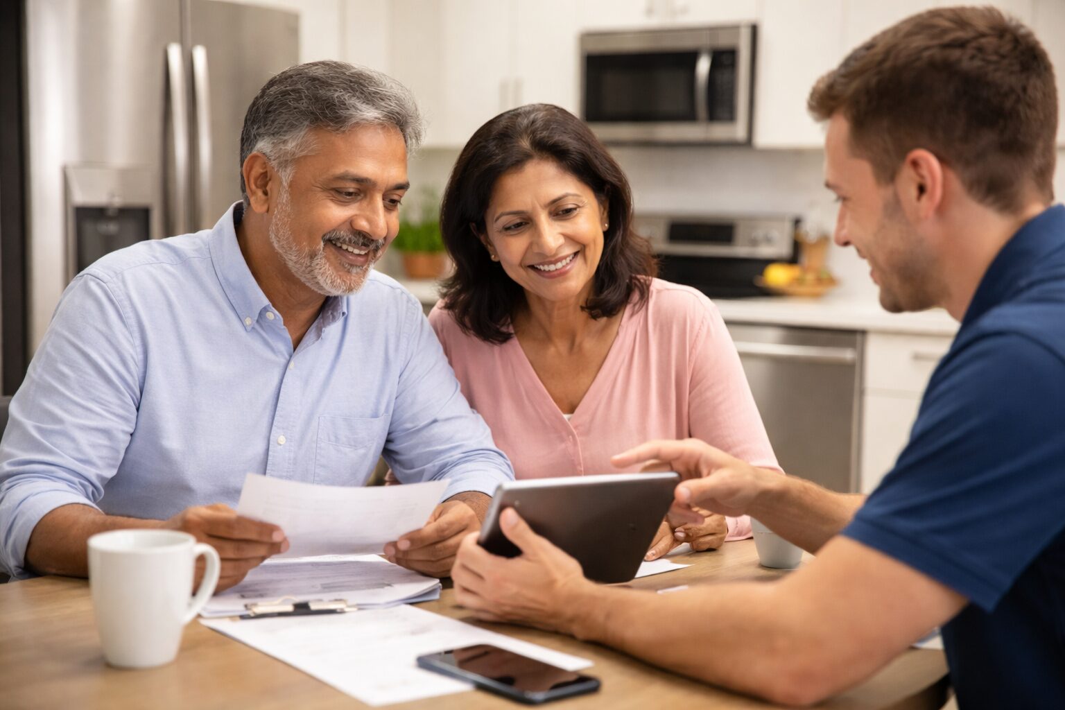 Older Indian couple reviewing appliance warranty options with a sales associate in a modern appliance showroom
