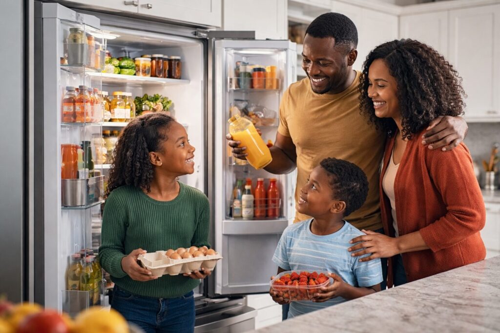 Black family shopping for a new refrigerator in a bright modern appliance showroom with a sales associate assisting them