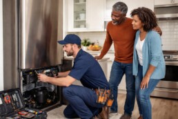 Homeowner and technician inspecting a modern kitchen appliance during a repair visit in a bright contemporary kitchen