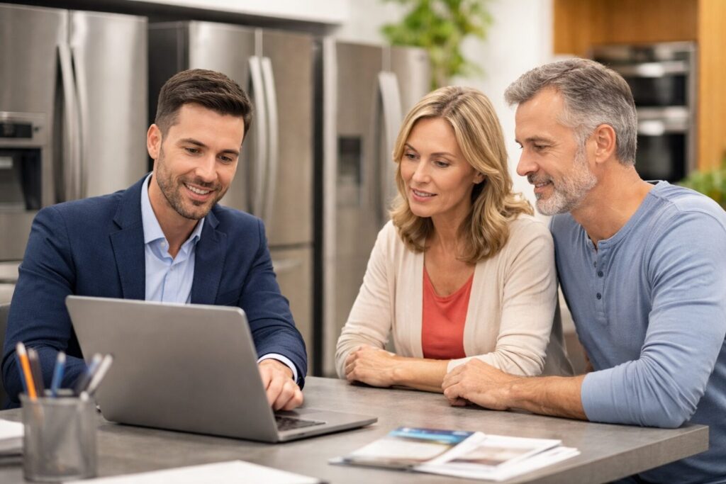 Appliance retailer discussing warranty options with a customer in a modern showroom surrounded by kitchen appliances