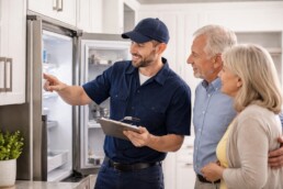 Older couple examining a modern kitchen appliance in a bright showroom with a sales associate assisting them