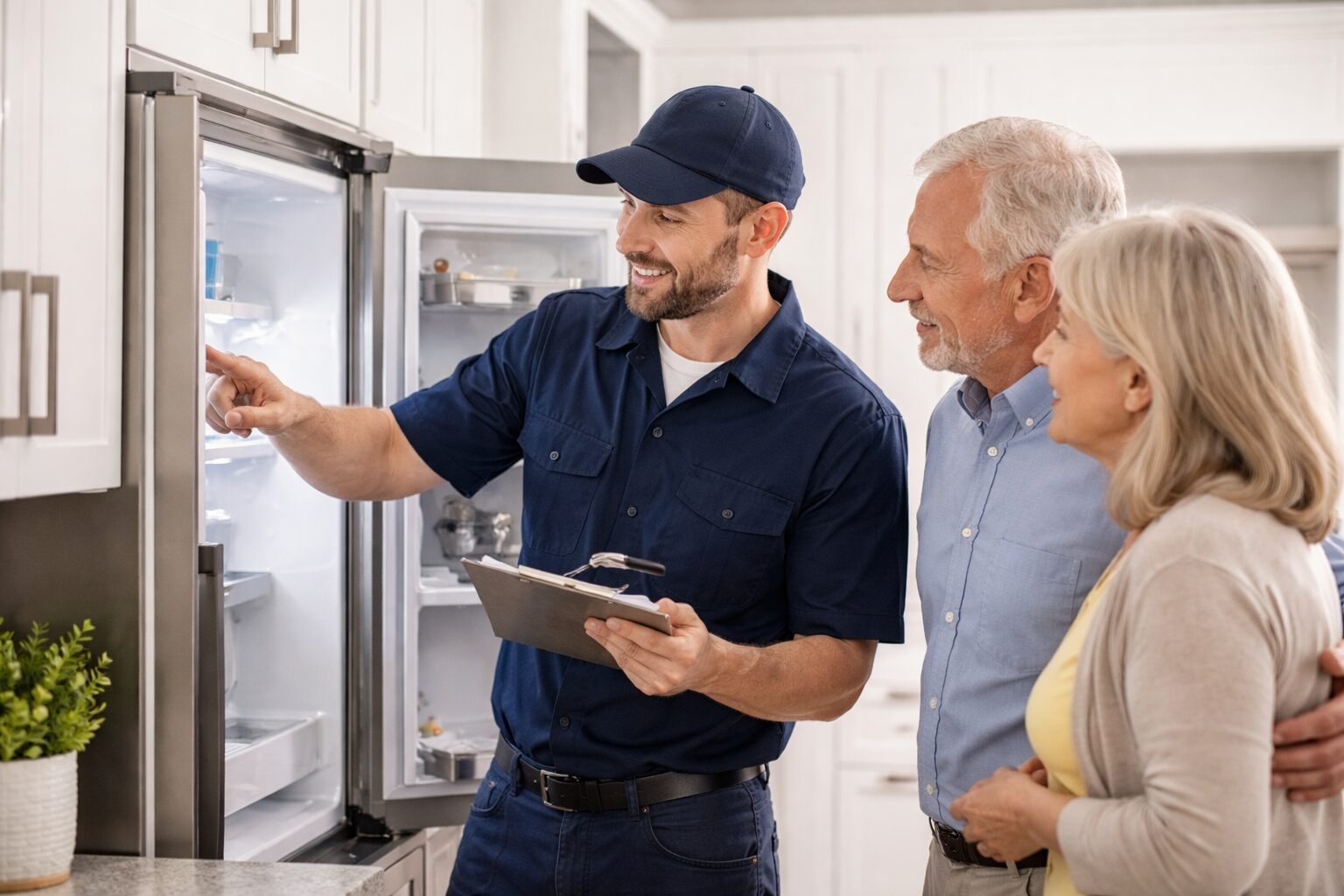 Older couple examining a modern kitchen appliance in a bright showroom with a sales associate assisting them
