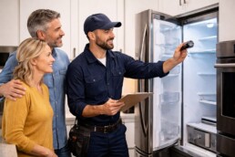 couple shopping for kitchen appliances in a bright modern showroom with a sales associate assisting them